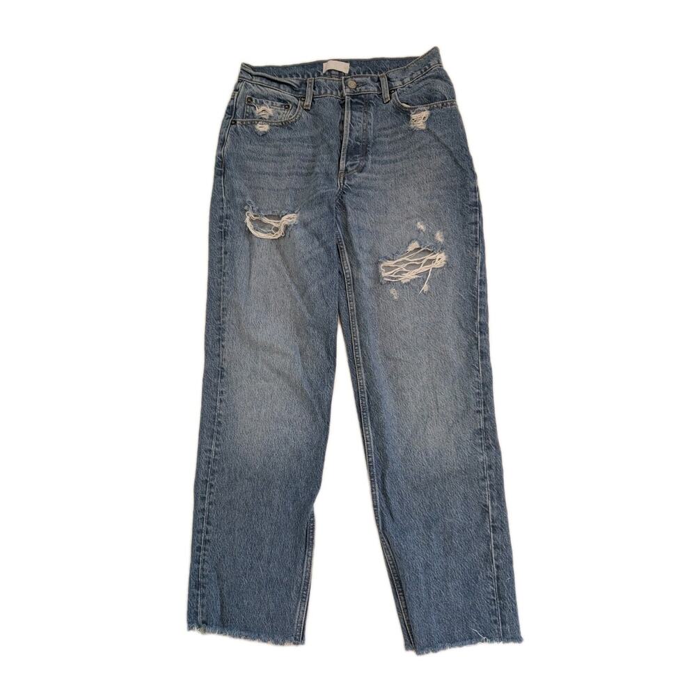 Free People Boyish Tommy High-Rise Straight Jeans Medium Wash Distressed Sz 27